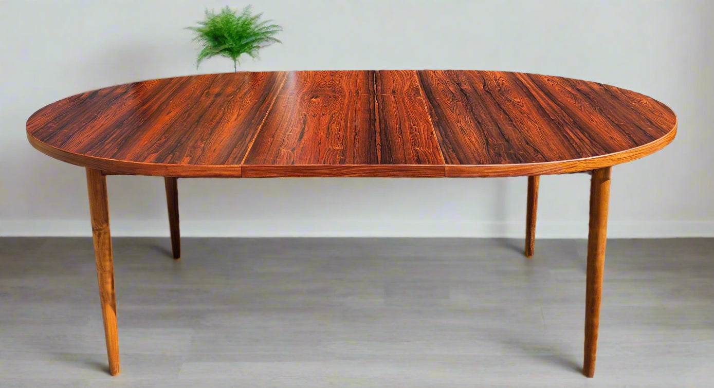 REFINISHED Mid Century Modern Rosewood Table Oval w 2 Leaves 60"-100"