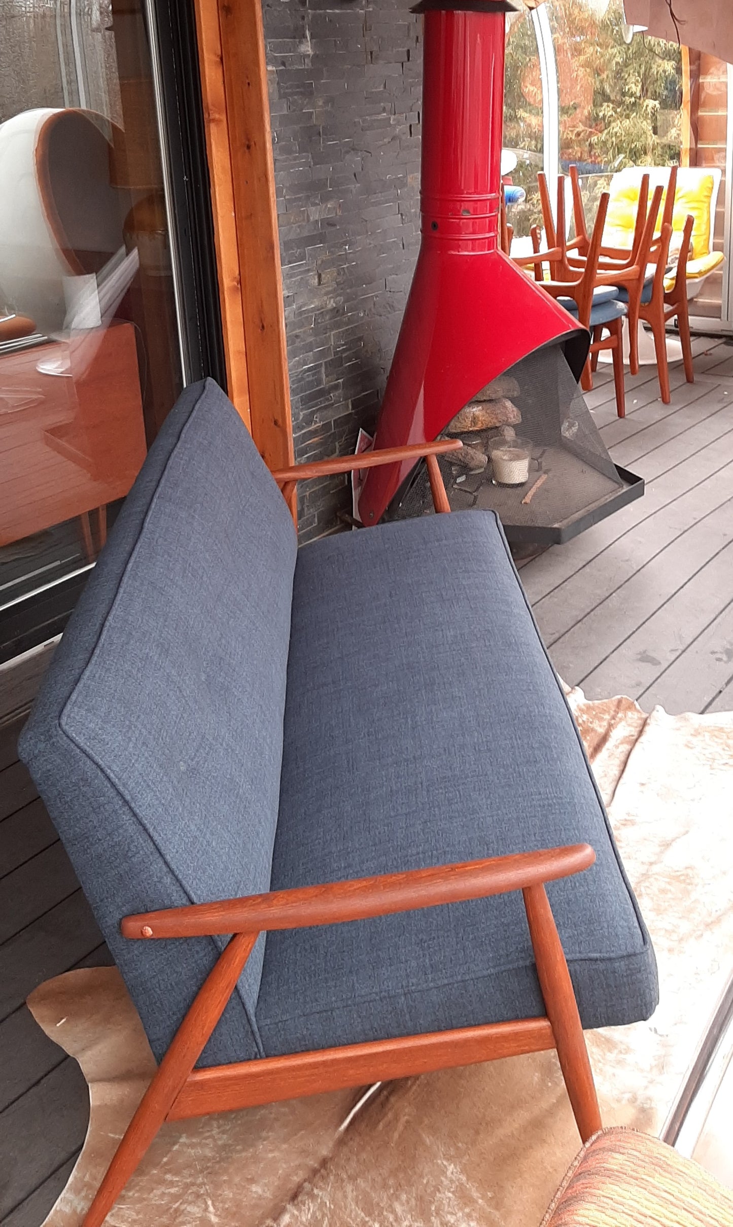 REFINISHED MID Century Modern 3-Seater Sofa w NEW navy/grey wool upholstery, PERFECT - Mid Century Modern Toronto