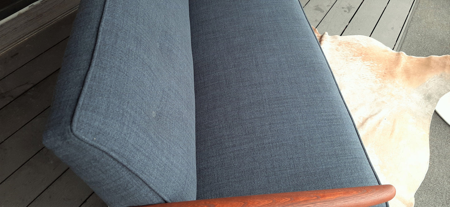 REFINISHED MID Century Modern 3-Seater Sofa w NEW navy/grey wool upholstery, PERFECT - Mid Century Modern Toronto