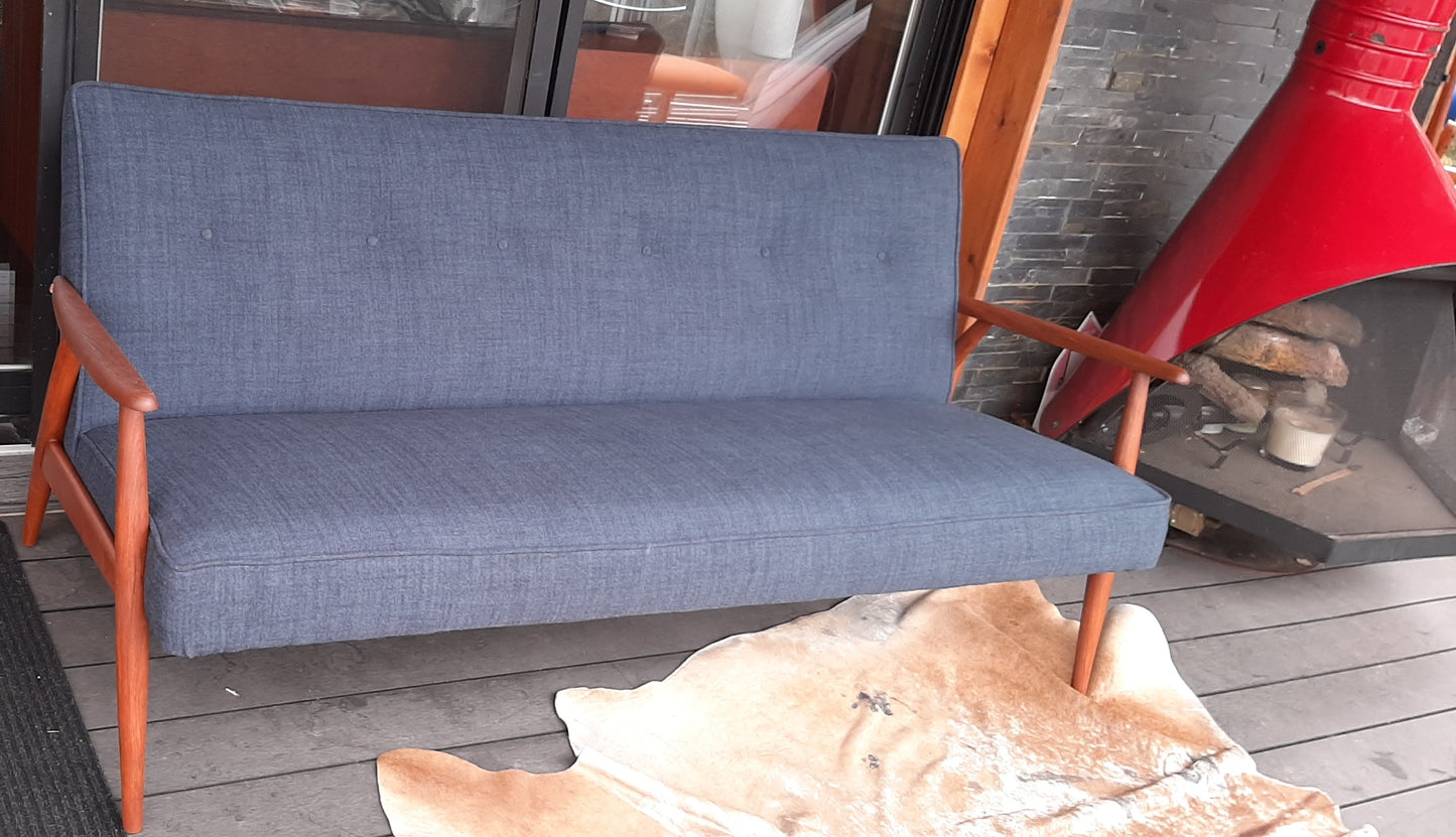 REFINISHED MID Century Modern 3-Seater Sofa w NEW navy/grey wool upholstery, PERFECT - Mid Century Modern Toronto