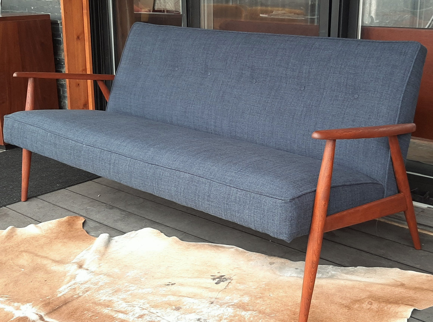 REFINISHED MID Century Modern 3-Seater Sofa w NEW navy/grey wool upholstery, PERFECT - Mid Century Modern Toronto