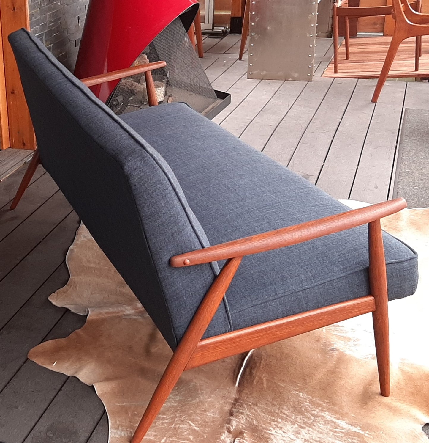 REFINISHED MID Century Modern 3-Seater Sofa w NEW navy/grey wool upholstery, PERFECT - Mid Century Modern Toronto