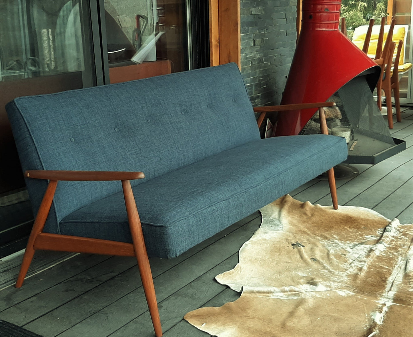 REFINISHED MID Century Modern 3-Seater Sofa w NEW navy/grey wool upholstery, PERFECT - Mid Century Modern Toronto
