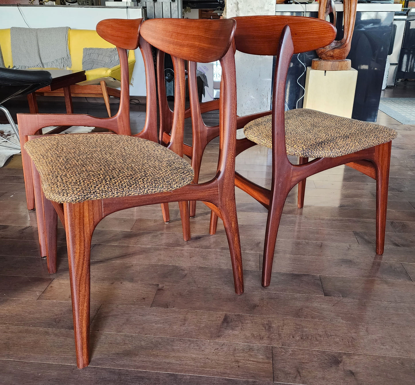 4 REFINISHED Mid Century Modern Teak Afromosia Chairs, will be REUPHOLSTERED