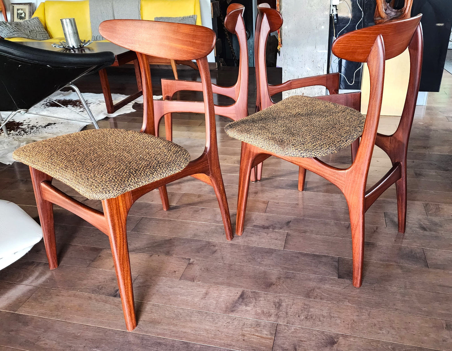 4 REFINISHED Mid Century Modern Teak Afromosia Chairs, will be REUPHOLSTERED