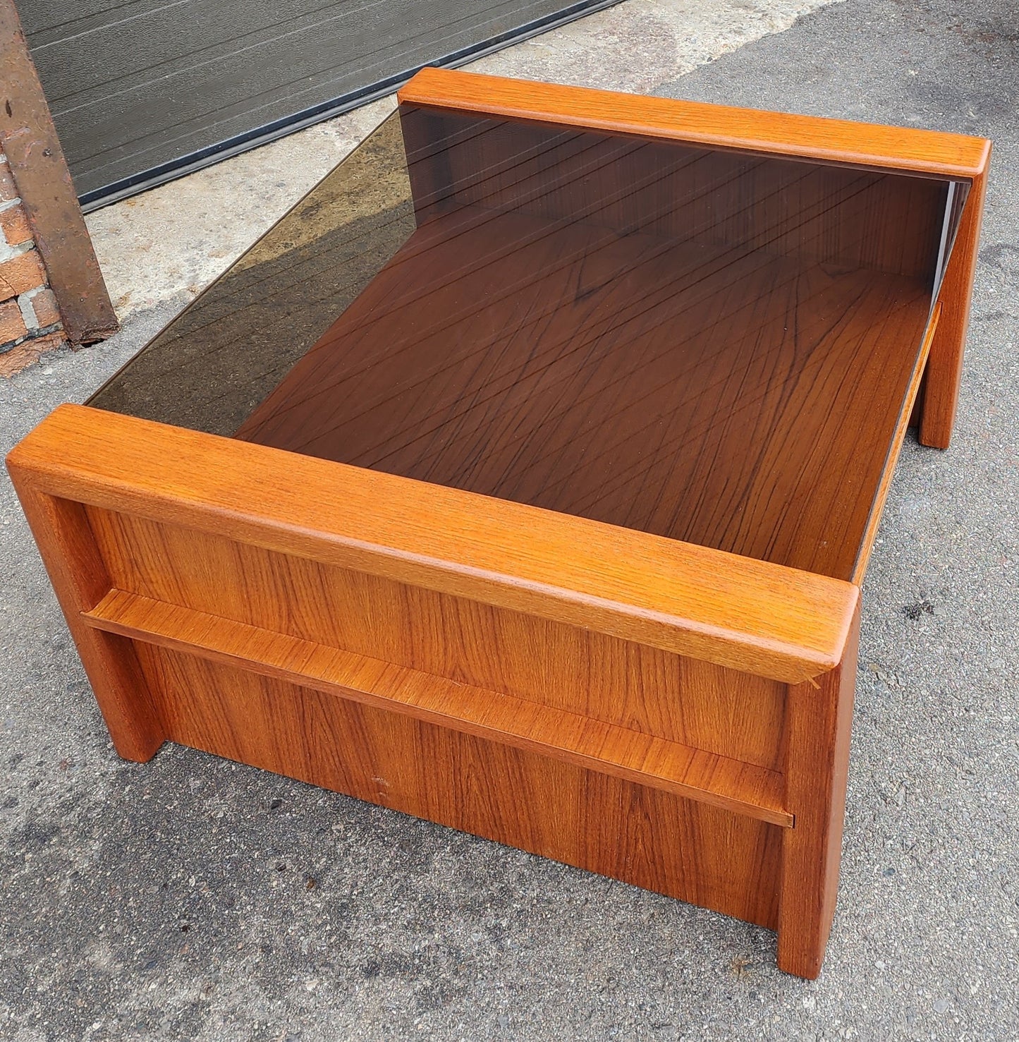 REFINISHED Mid Century Modern Teak & Glass Coffee Table with Storage