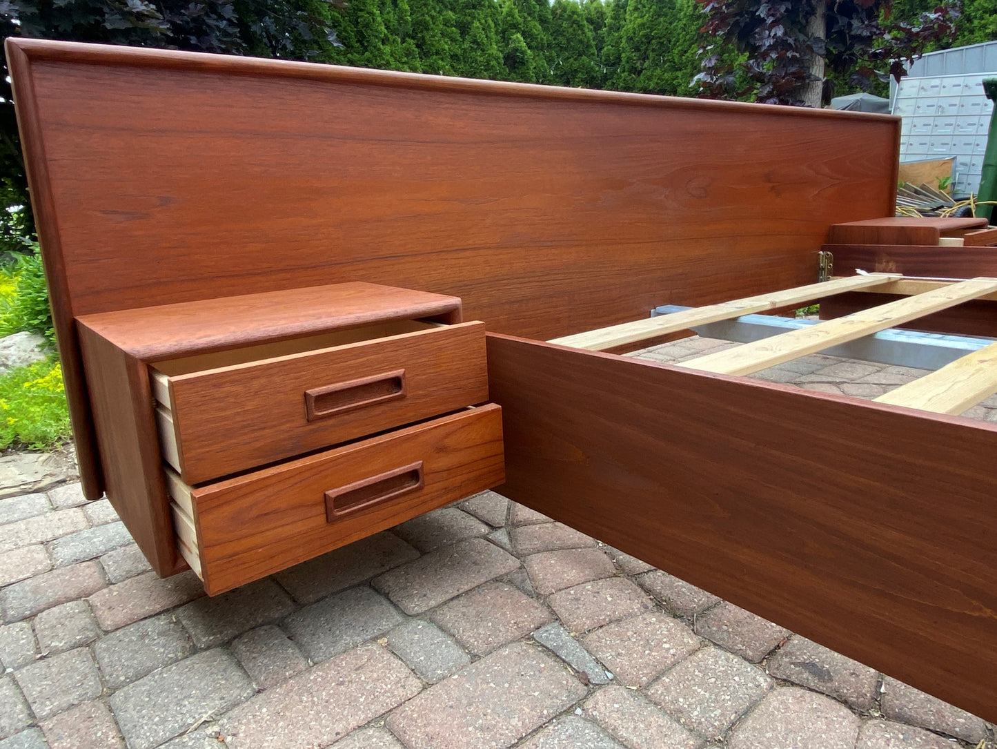 REFINISHED Danish Queen Mid Century Modern Teak Bed w floating nightstands, PERFECT