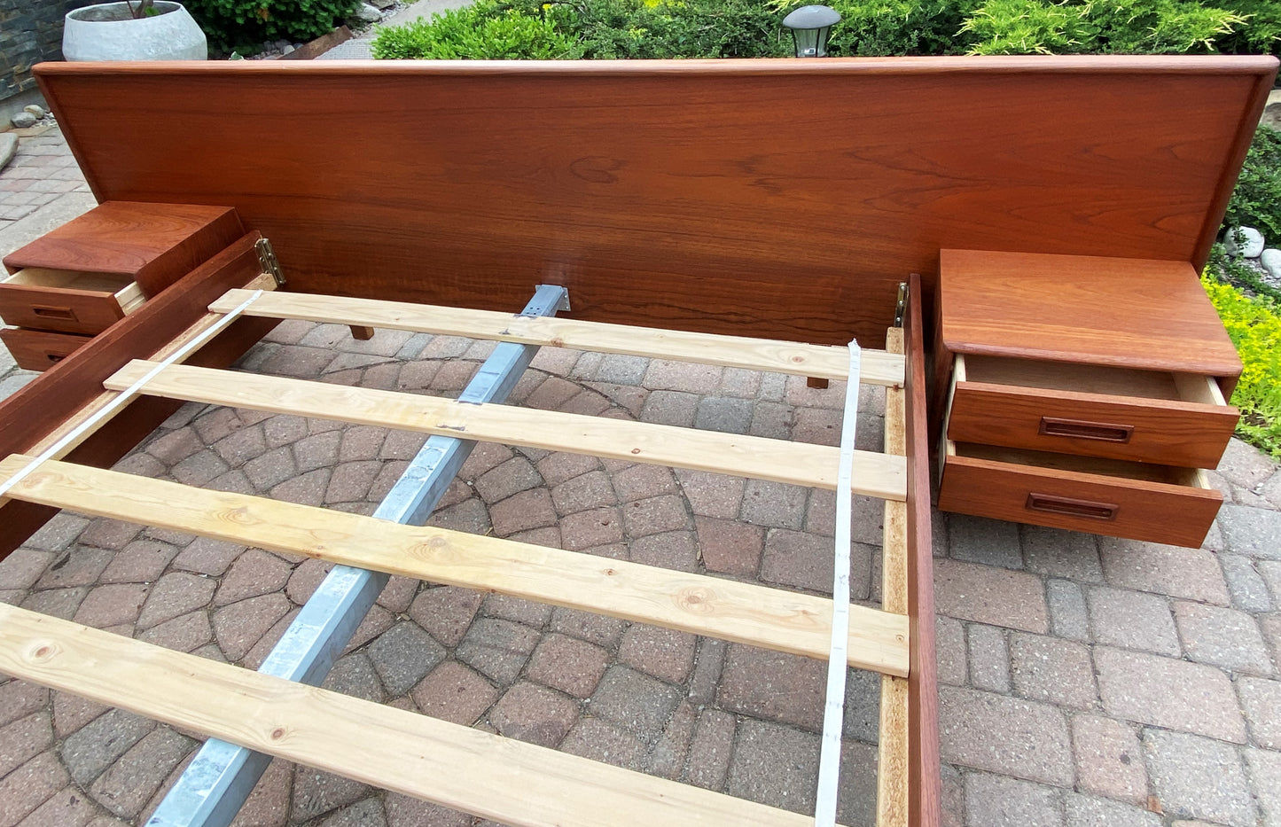 REFINISHED Danish Queen Mid Century Modern Teak Bed w floating nightstands, PERFECT