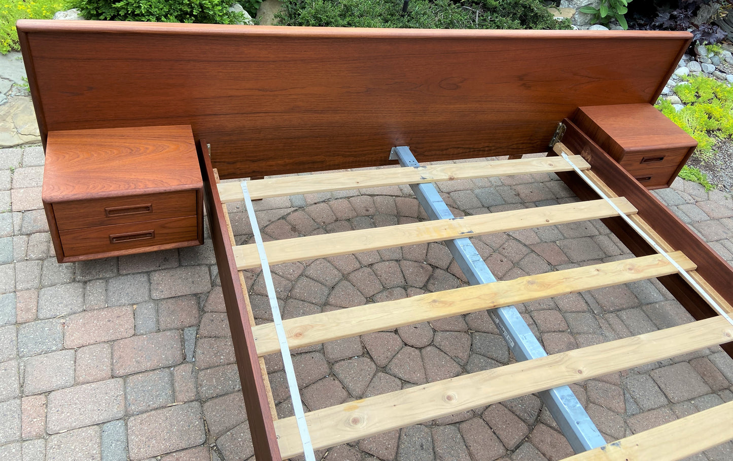 REFINISHED Danish Queen Mid Century Modern Teak Bed w floating nightstands, PERFECT