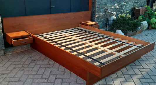 REFINISHED MCM Teak Platform Bed w floating nightstands Queen, PERFECT