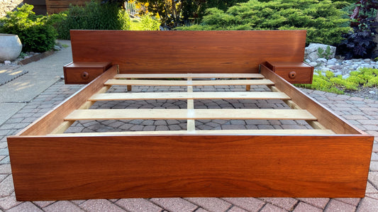 REFINISHED Queen Mid Century Modern Teak Bed w floating nightstands