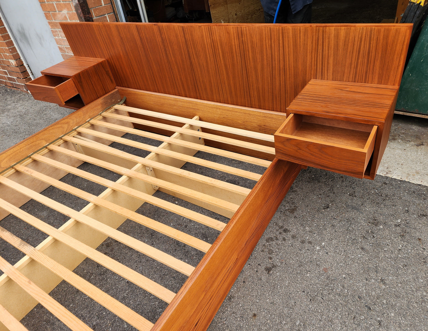REFINISHED Mid Century Modern Teak Queen Bed w Floating Nightstands