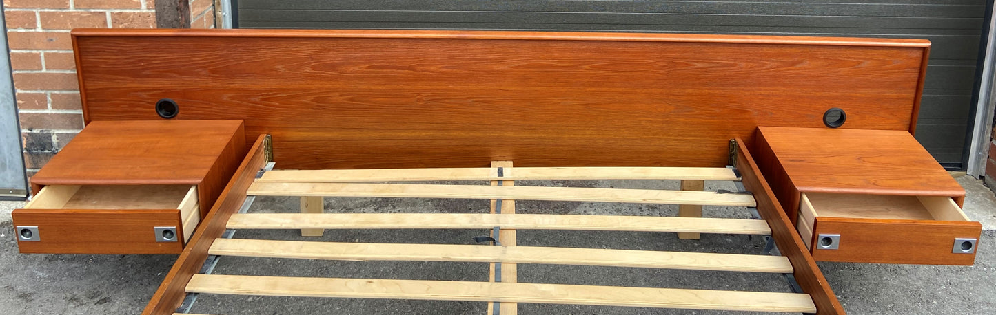 REFINISHED Mid Century Modern teak queen bed w floating nightstands & 2 dressers