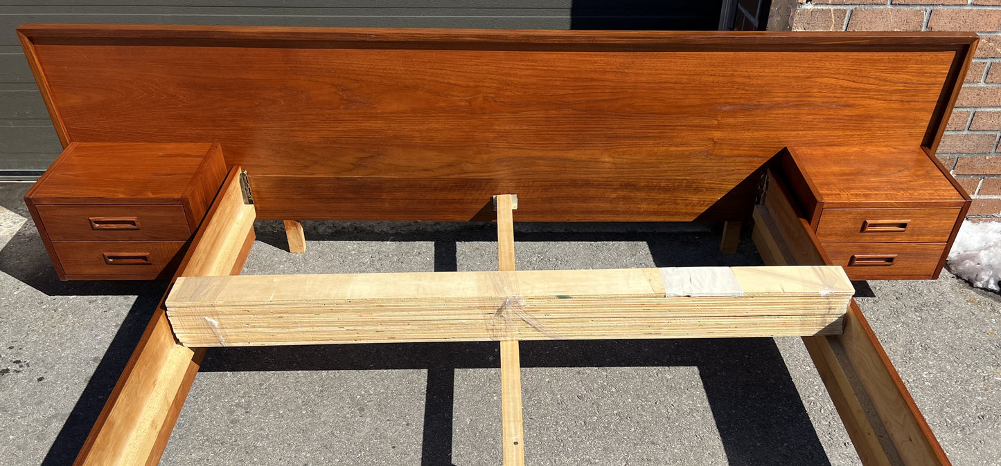 REFINISHED Mid Century Modern Teak Queen Bed w Nightstands