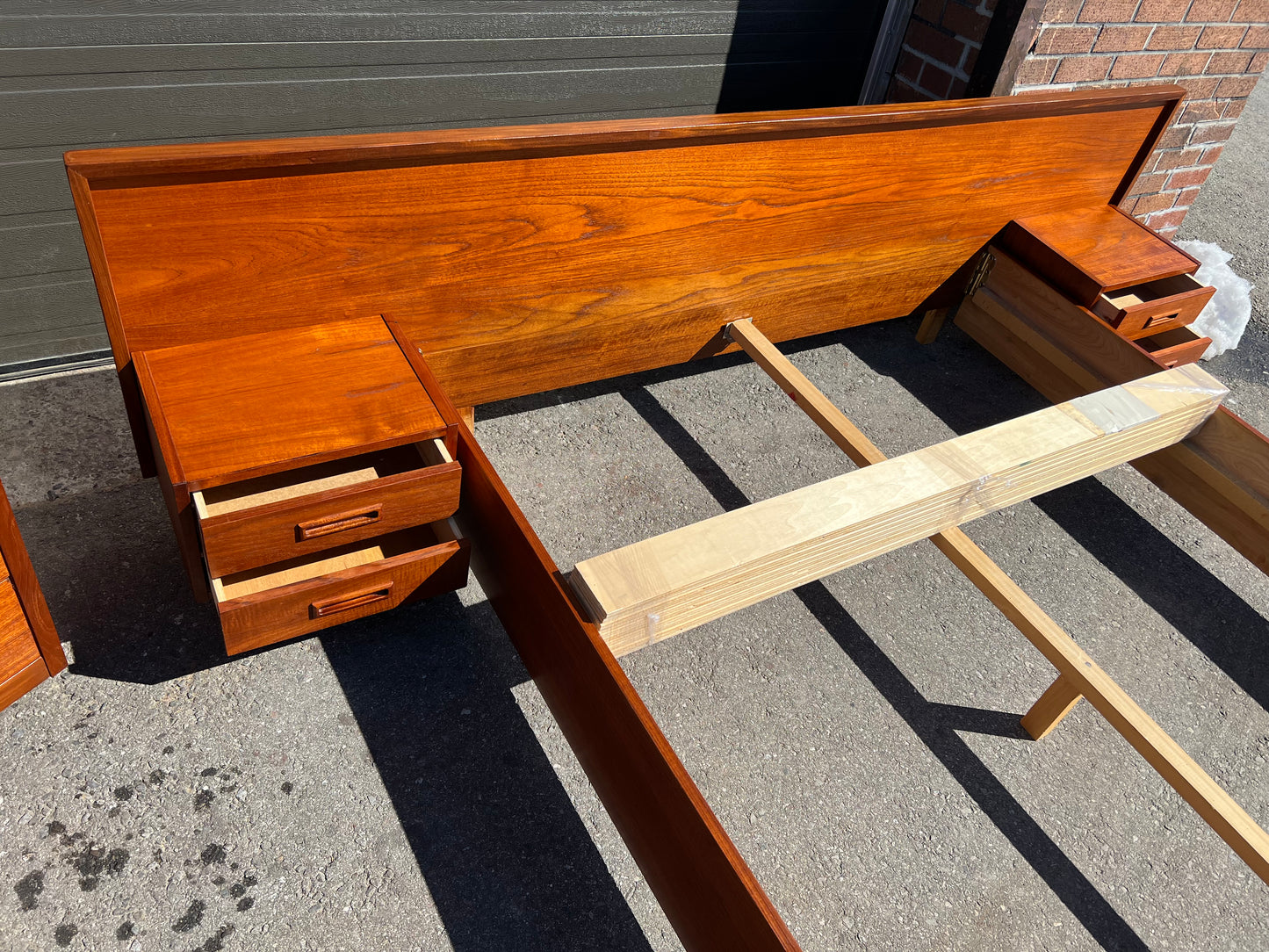 REFINISHED Mid Century Modern Teak Queen Bed w Nightstands