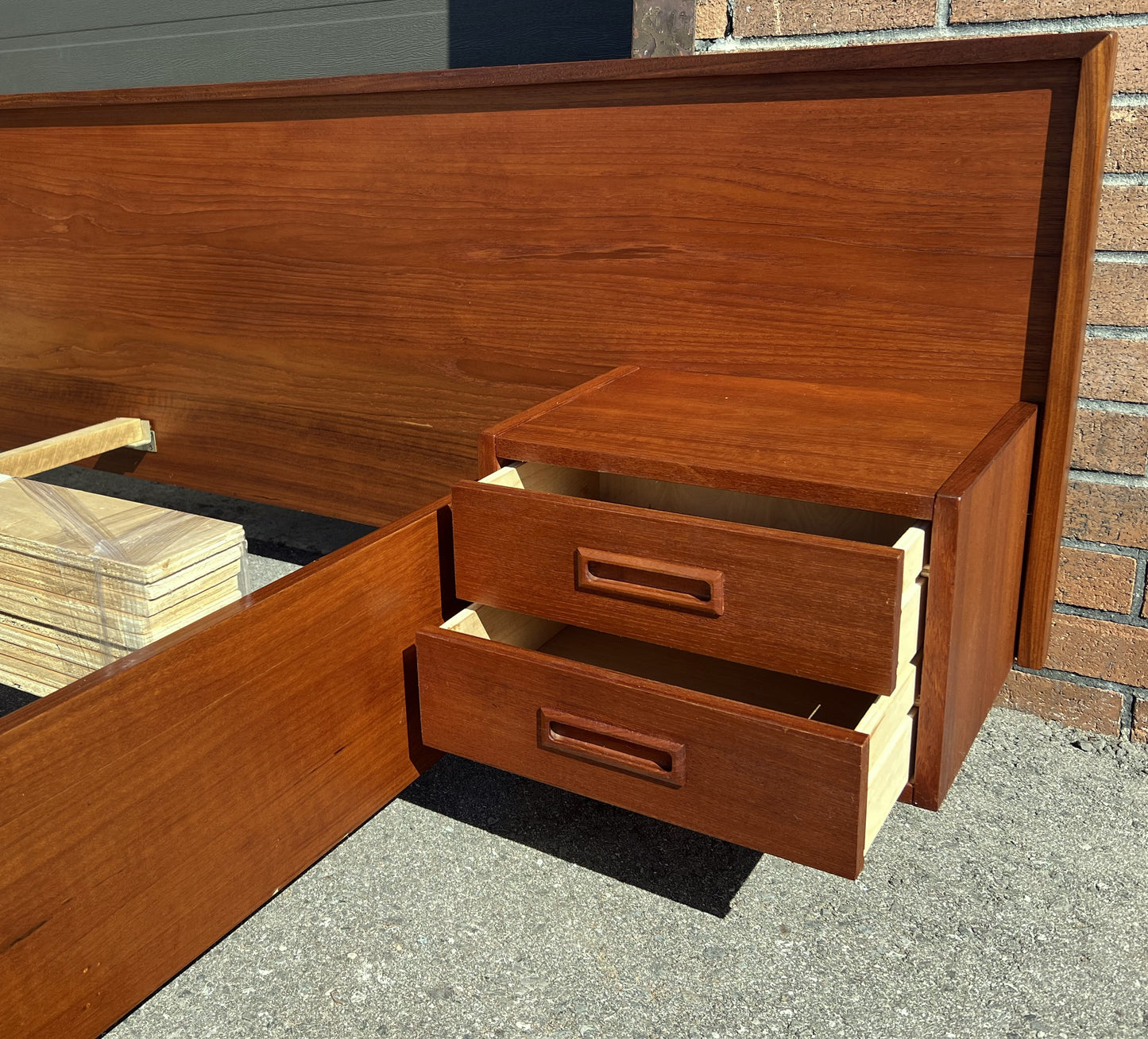 REFINISHED Mid Century Modern Teak Queen Bed w Nightstands