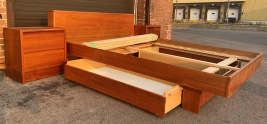 RESTORED MCM Teak Bed Queen with 2 Nightstands & 2 Storage Drawers