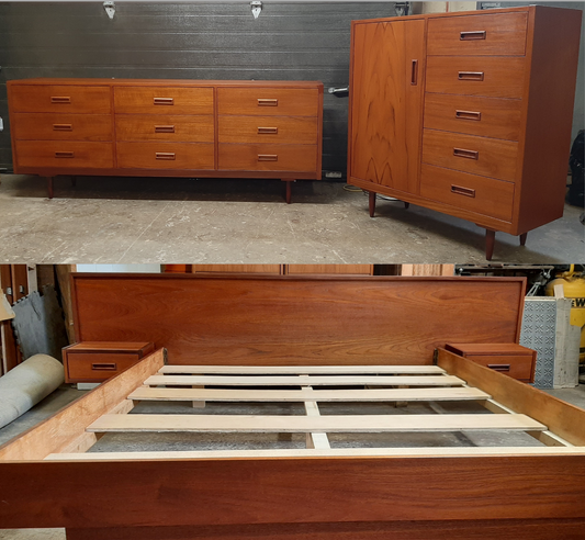 REFINISHED MCM Teak Dresser, Wardrobe, Queen Bed w floating nightstands PERFECT - Mid Century Modern Toronto
