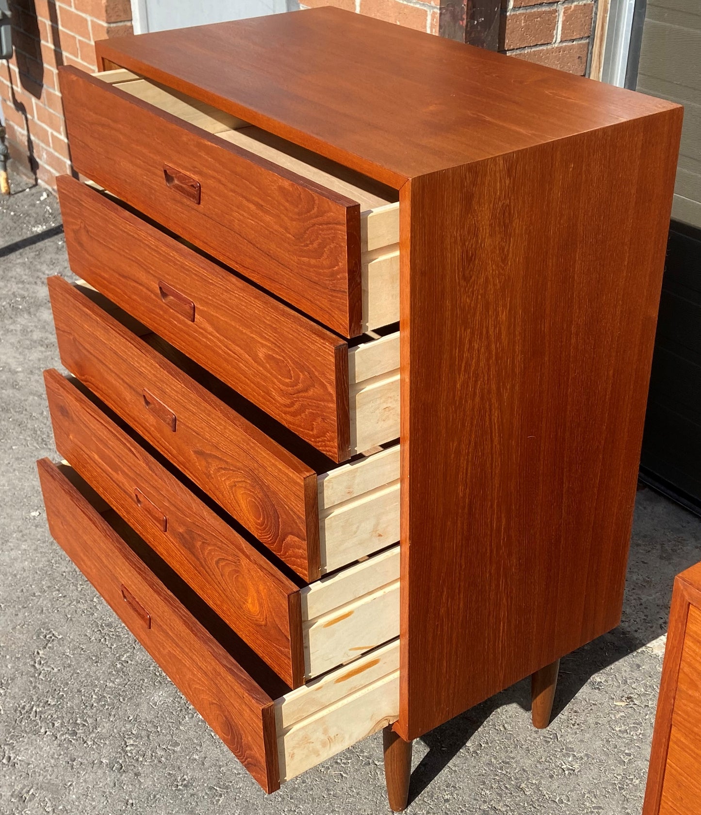 REFINISHED Danish MCM Teak dresser, highboy & Queen platform bed w floating nightstands, Perfect