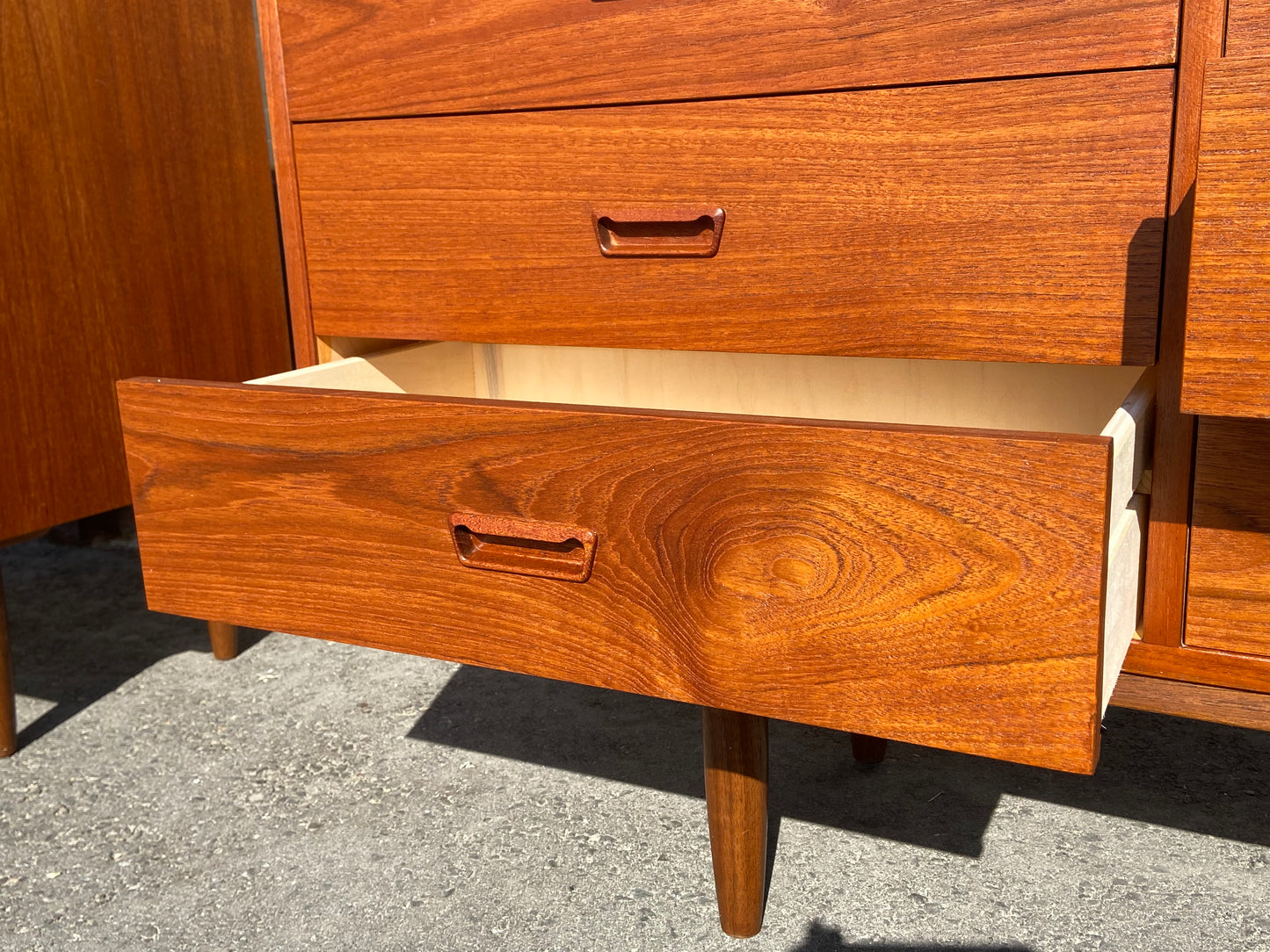 REFINISHED Danish MCM Teak dresser, highboy & Queen platform bed w floating nightstands, Perfect