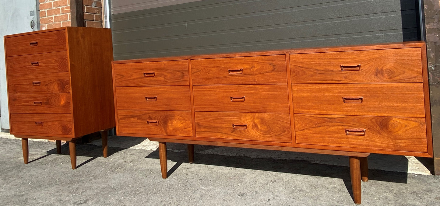 REFINISHED Danish MCM Teak dresser, highboy & Queen platform bed w floating nightstands, Perfect