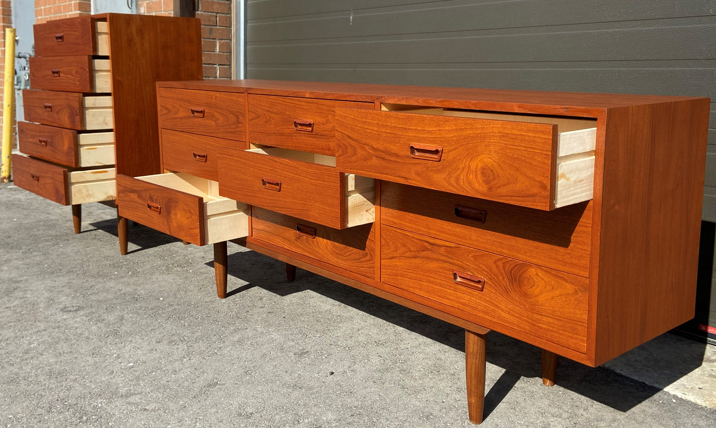 REFINISHED Danish MCM Teak dresser, highboy & Queen platform bed w floating nightstands, Perfect
