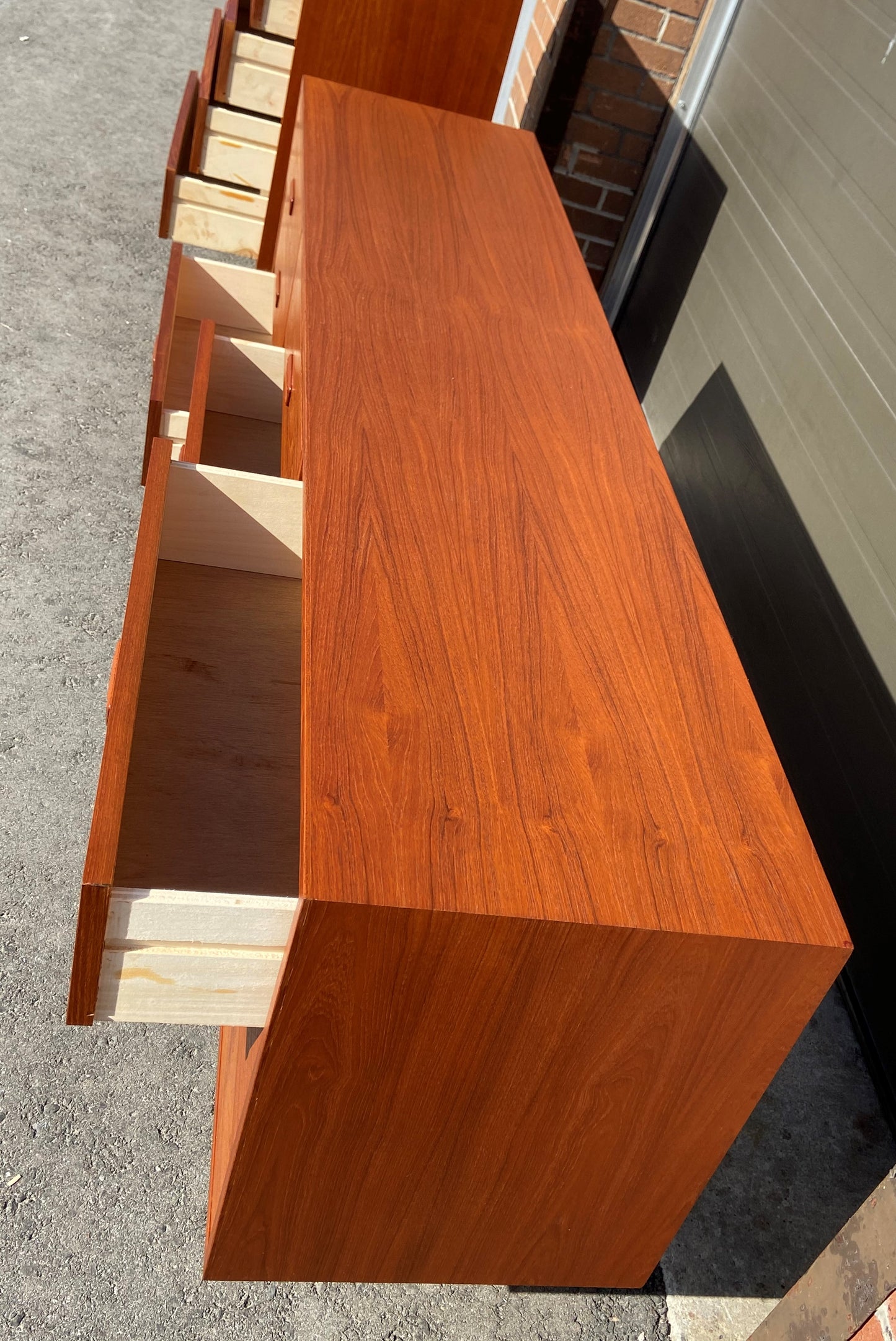 REFINISHED Danish MCM Teak dresser, highboy & Queen platform bed w floating nightstands, Perfect