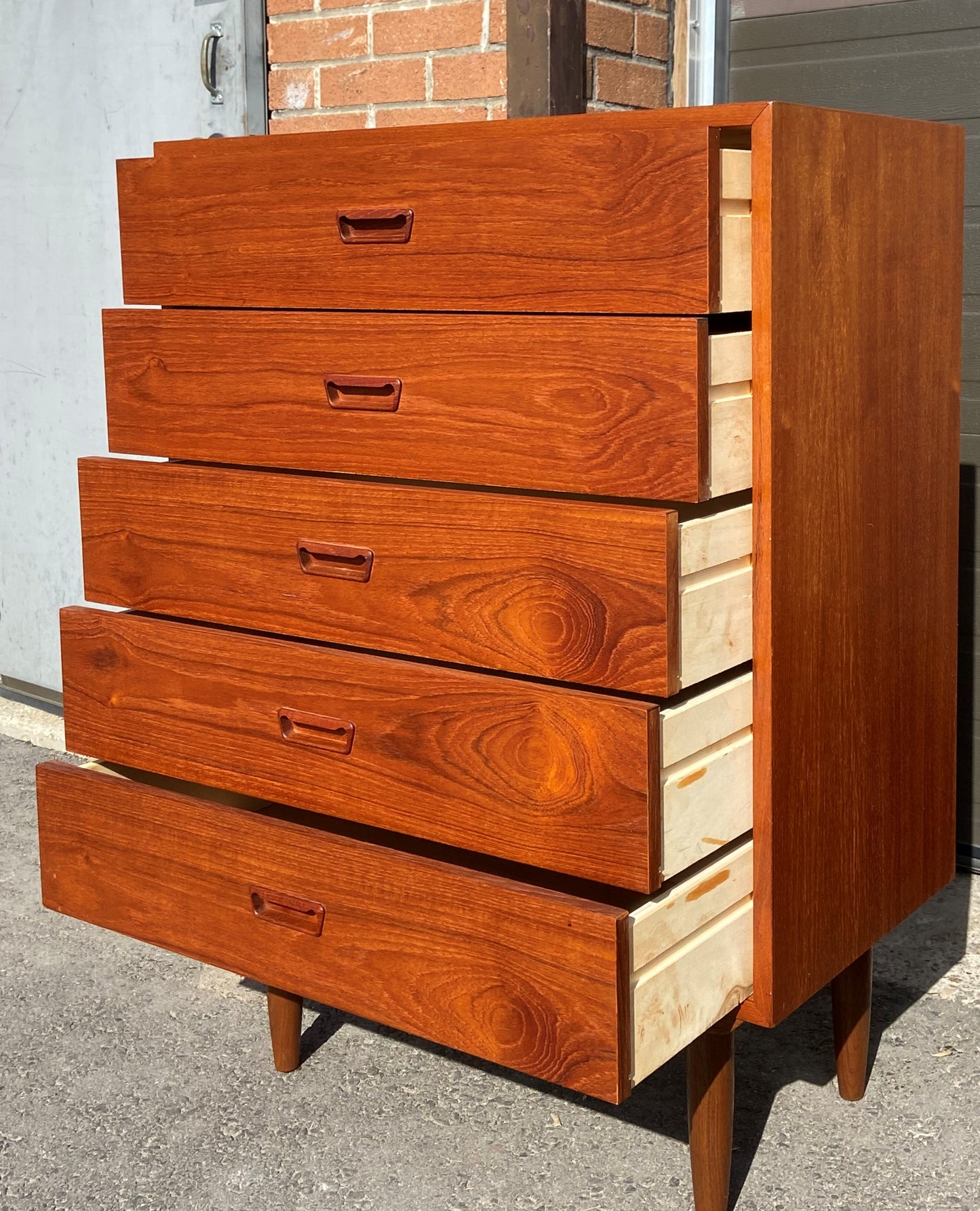 REFINISHED Danish MCM Teak dresser, highboy & Queen platform bed w floating nightstands, Perfect