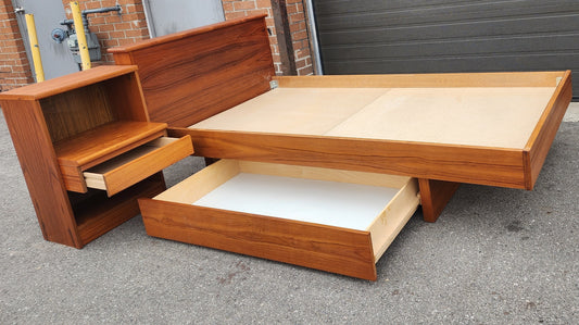 REFINISHED MCM Teak Platform Bed Single w Storage Drawer & Nightstand, Perfect
