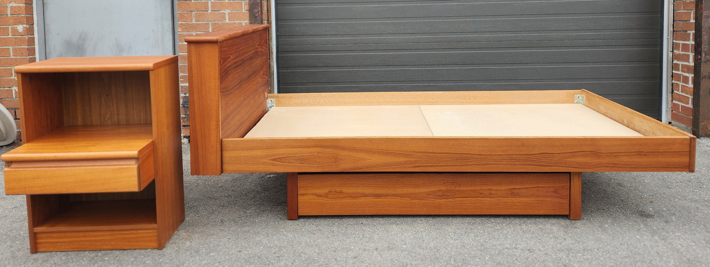 REFINISHED MCM Teak Platform Bed Single w Storage Drawer & Nightstand, Perfect