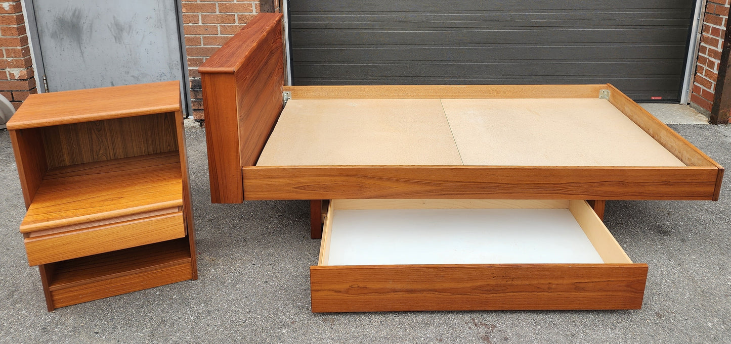 REFINISHED MCM Teak Platform Bed Single w Storage Drawer & Nightstand, Perfect