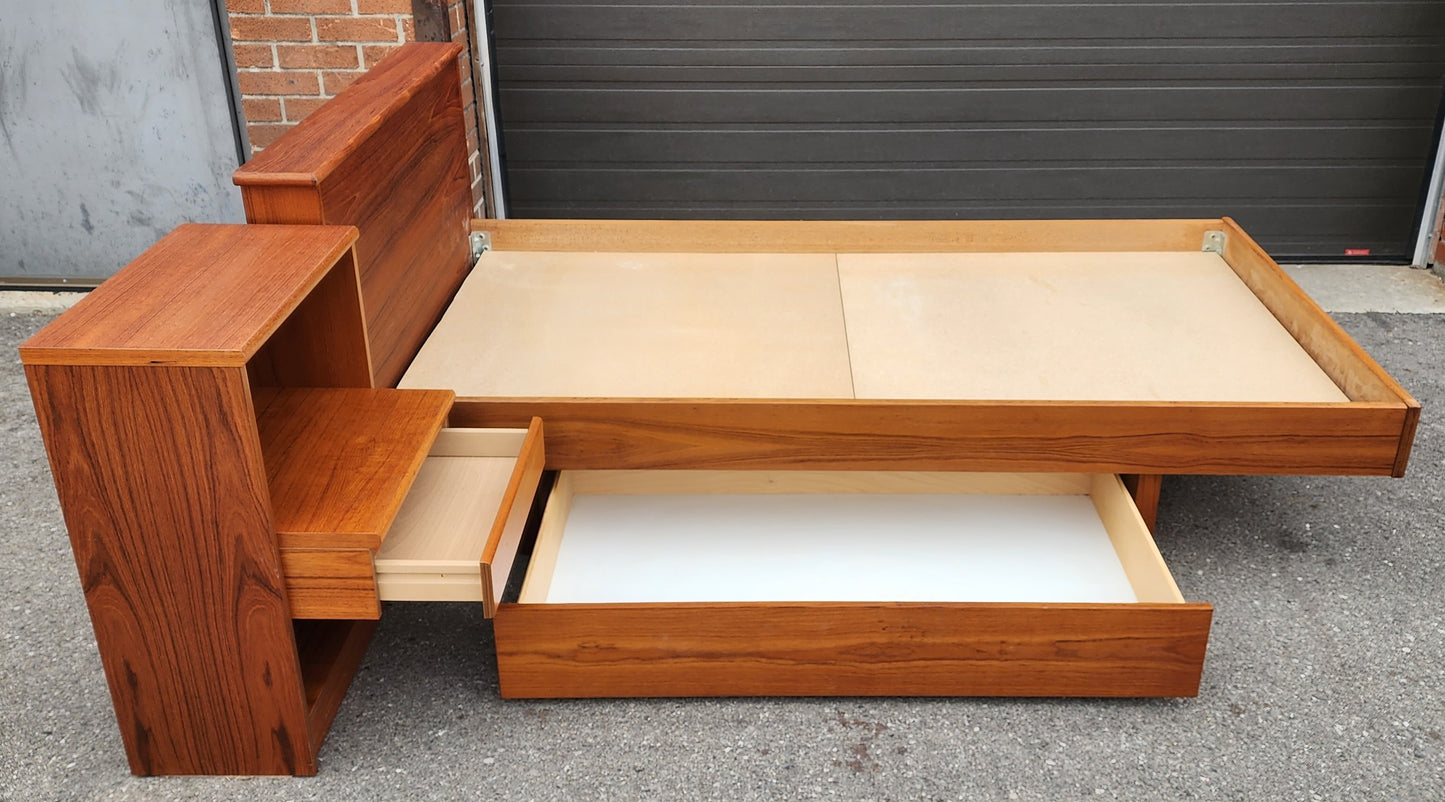 REFINISHED MCM Teak Platform Bed Single w Storage Drawer & Nightstand, Perfect