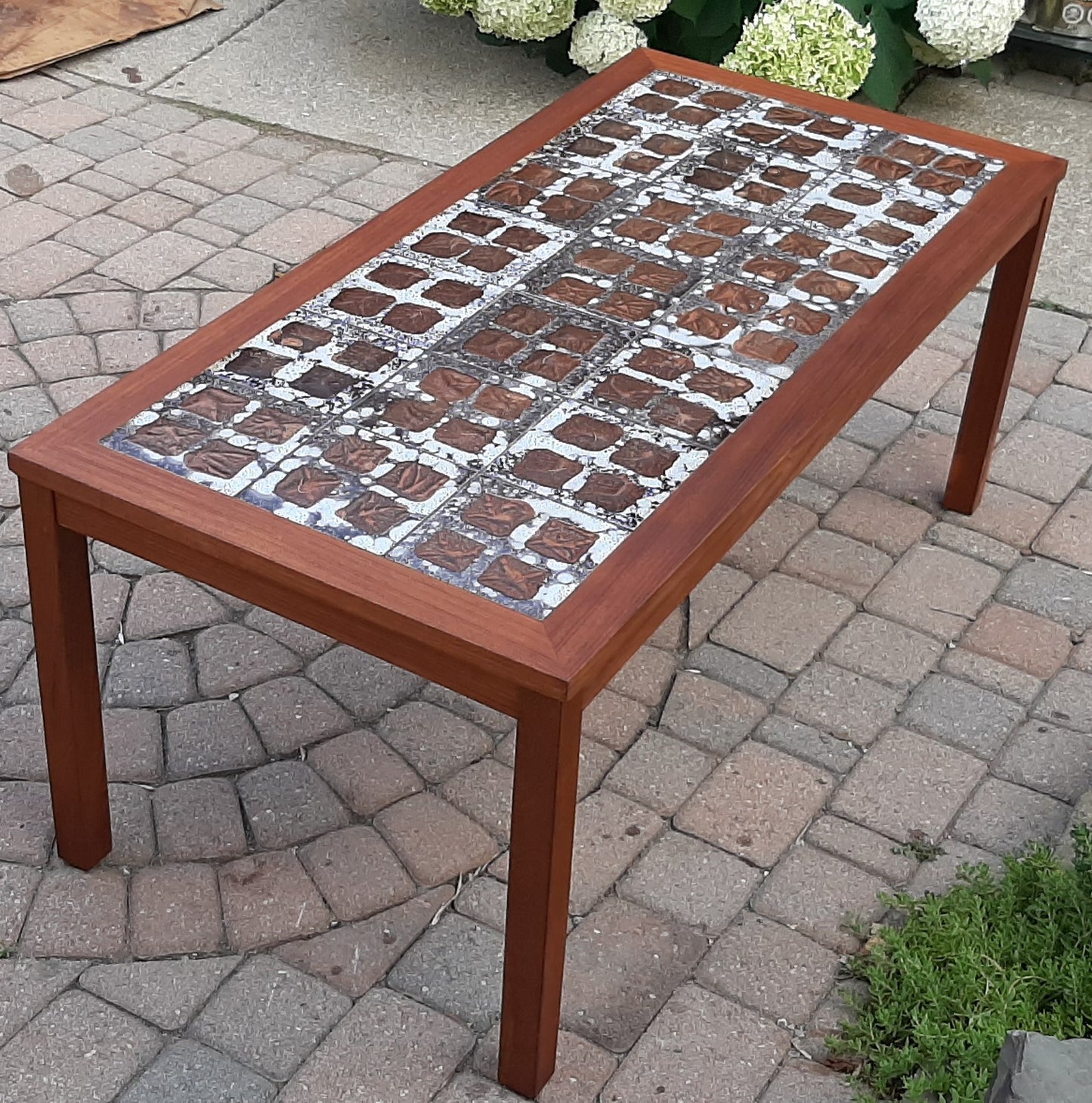 REFINISHED Danish MCM teak coffee table with tile inlay 47 x 22", PERFECT