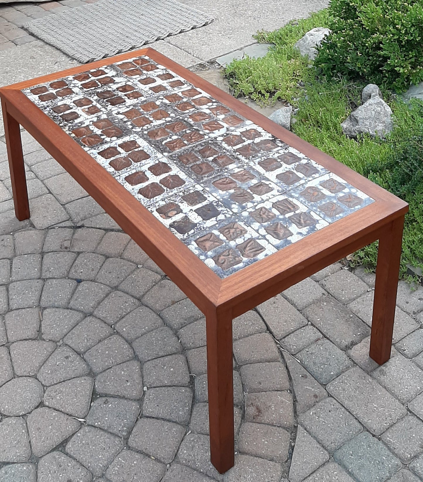 REFINISHED Danish MCM teak coffee table with tile inlay 47 x 22", PERFECT