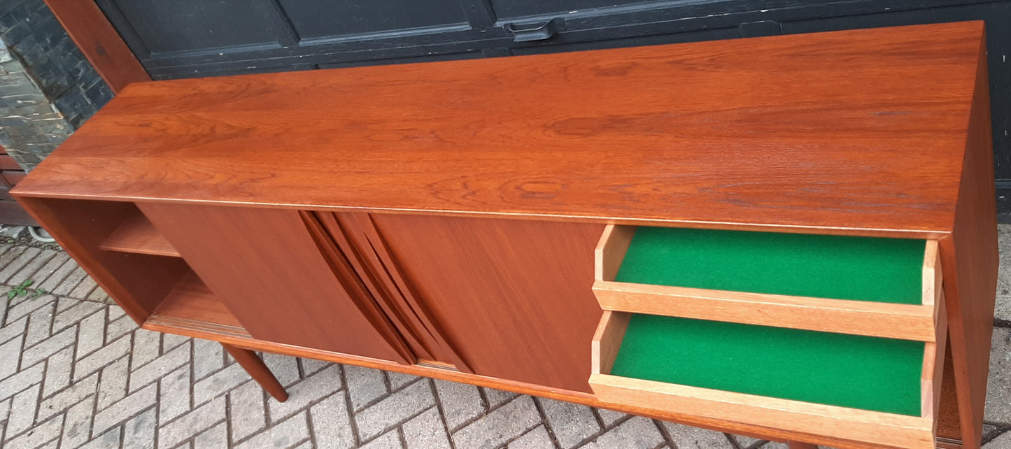 REFINISHED Danish MCM Teak Credenza w 4 sliding doors 77” narrow, PERFECT