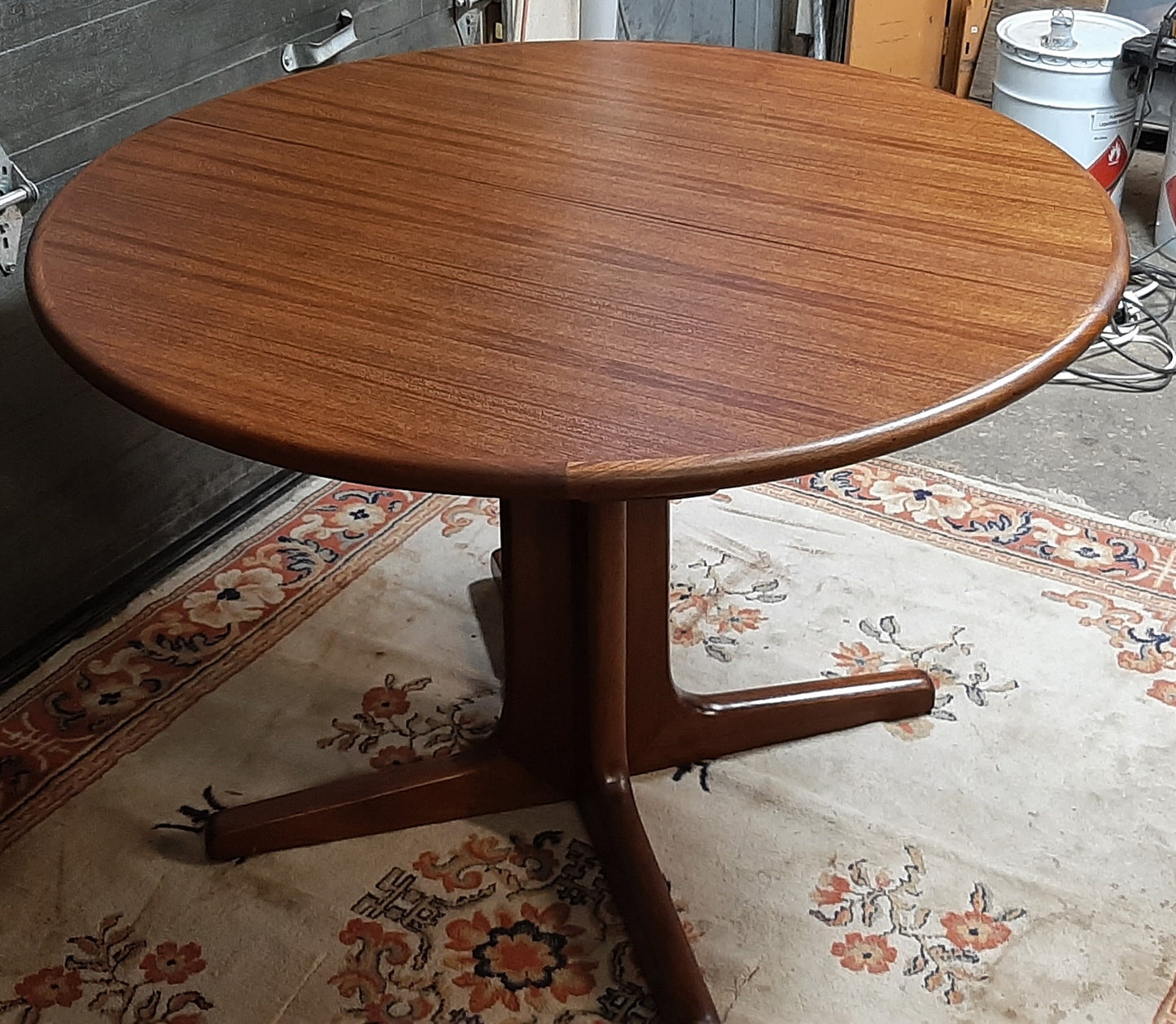 REFINISHED Danish MCM Teak Table Round to Oval w 1 leaf 43"-60", pedestal legs - Mid Century Modern Toronto