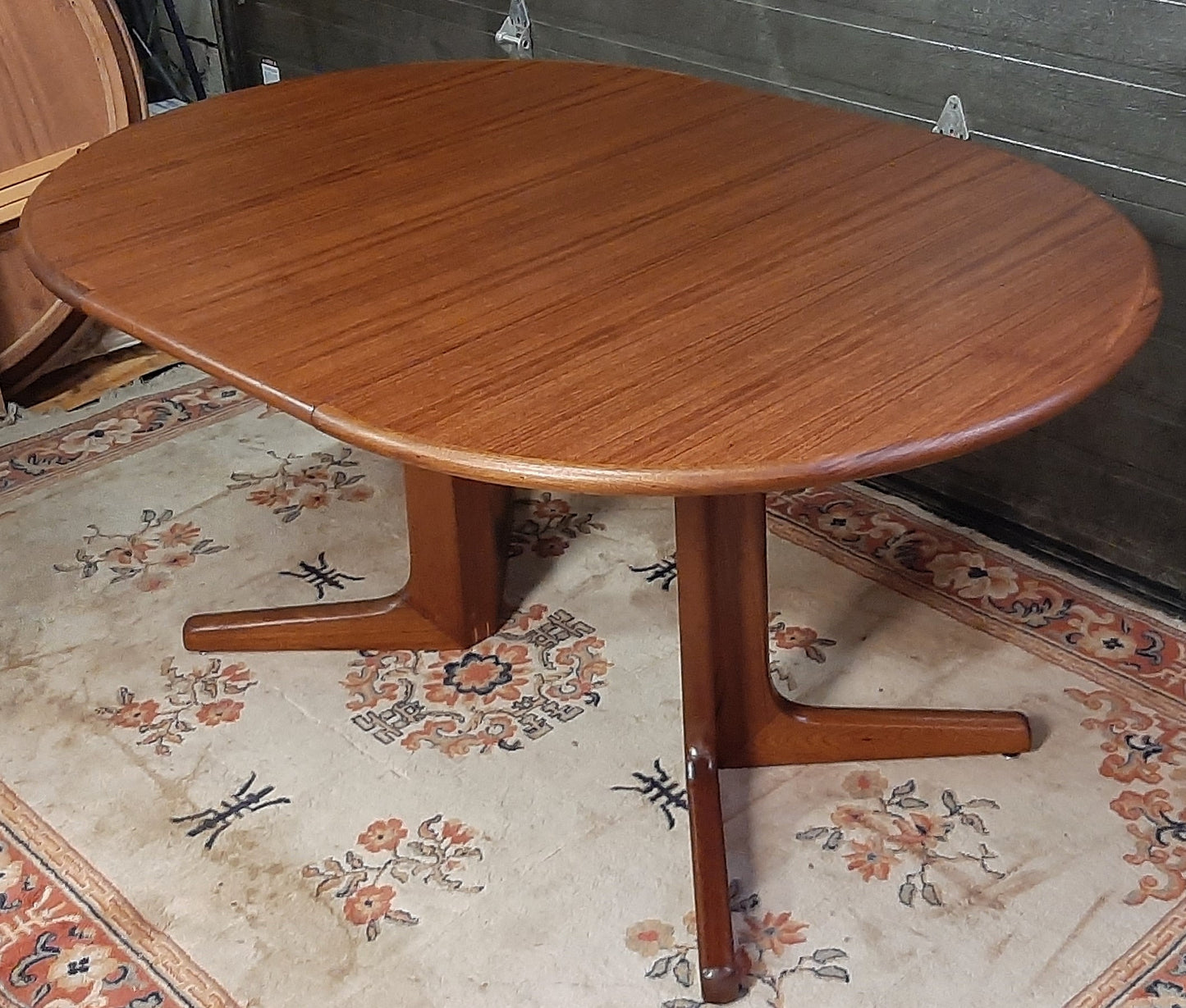 REFINISHED Danish MCM Teak Table Round to Oval w 1 leaf 43"-60", pedestal legs - Mid Century Modern Toronto