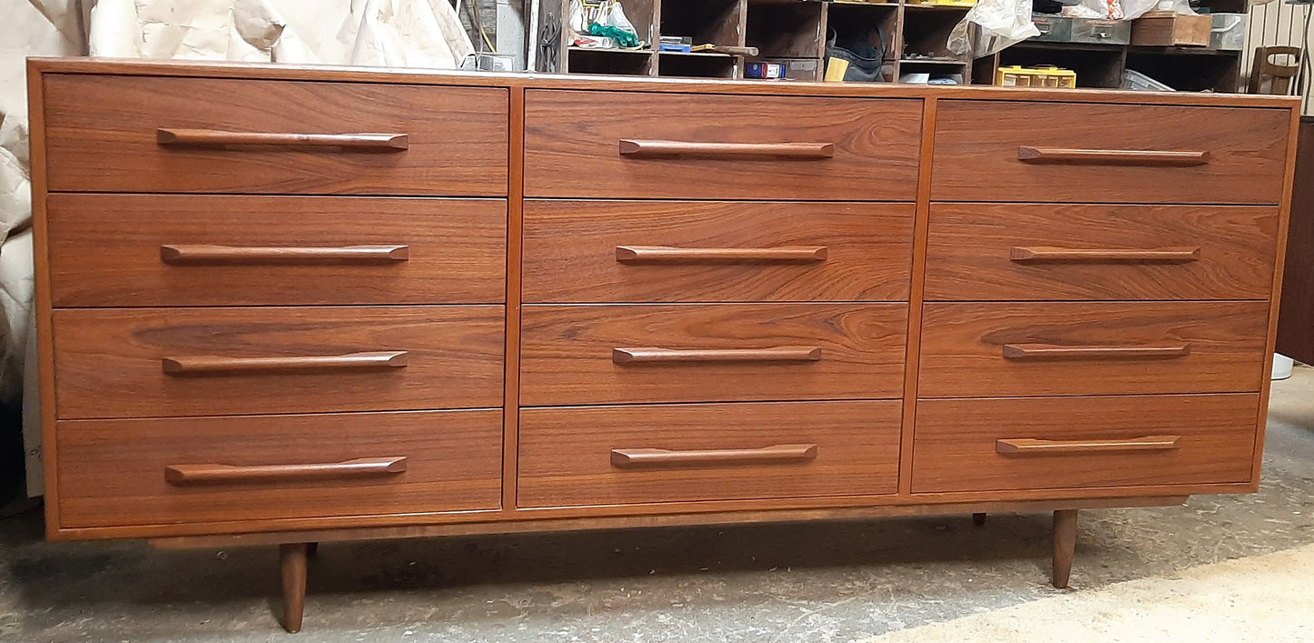 REFINISHED MCM Teak Dresser 12 Drawers, 75", narrow, PERFECT - Mid Century Modern Toronto