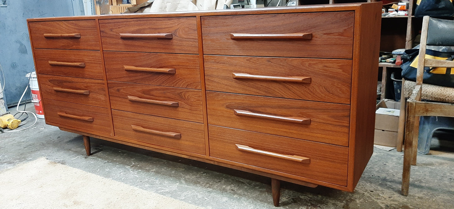 REFINISHED MCM Teak Dresser 12 Drawers, 75", narrow, PERFECT - Mid Century Modern Toronto