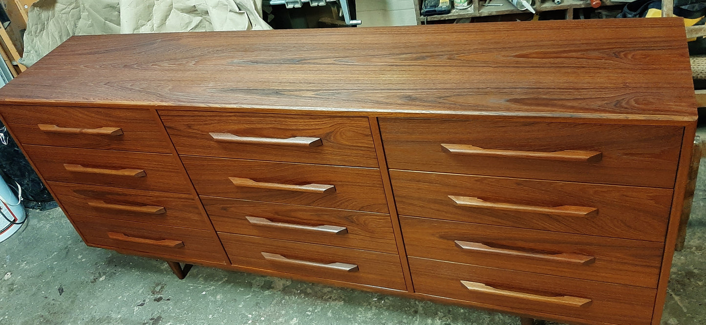 REFINISHED MCM Teak Dresser 12 Drawers, 75", narrow, PERFECT - Mid Century Modern Toronto