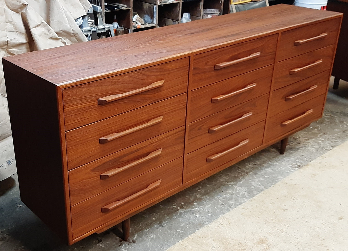 REFINISHED MCM Teak Dresser 12 Drawers, 75", narrow, PERFECT - Mid Century Modern Toronto