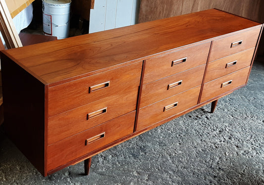 REFINISHED MCM Teak Dresser 9 Drawers, 69", narrow and low - Mid Century Modern Toronto