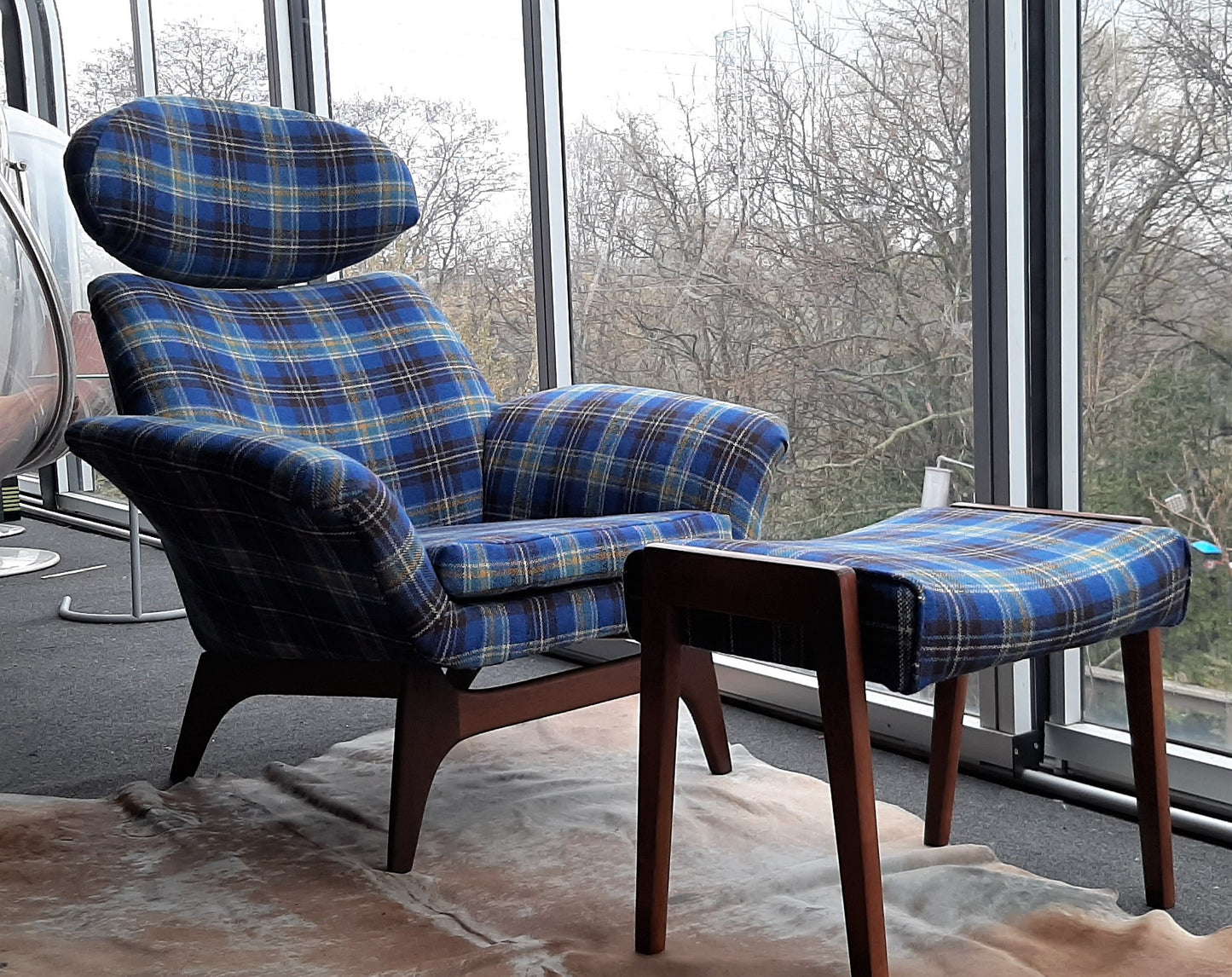 REFINISHED REUPHOLSTERED Adrian Pearsall style Teak Lounge Chair and ottoman in Maharam plaid wool PERFECT - Mid Century Modern Toronto