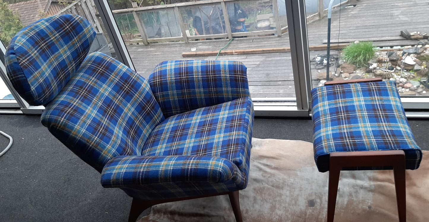 REFINISHED REUPHOLSTERED Adrian Pearsall style Teak Lounge Chair and ottoman in Maharam plaid wool PERFECT - Mid Century Modern Toronto