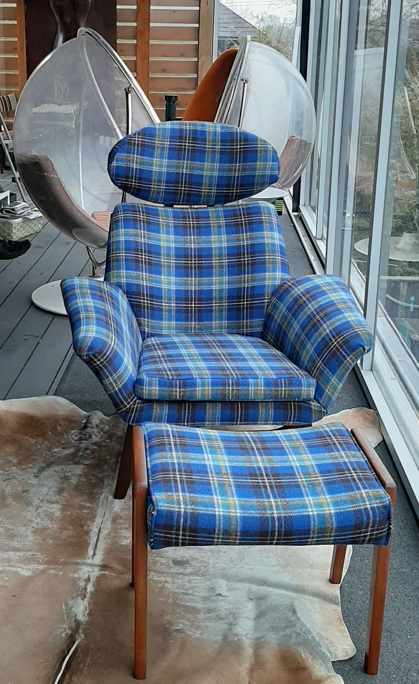 REFINISHED REUPHOLSTERED Adrian Pearsall style Teak Lounge Chair and ottoman in Maharam plaid wool PERFECT - Mid Century Modern Toronto