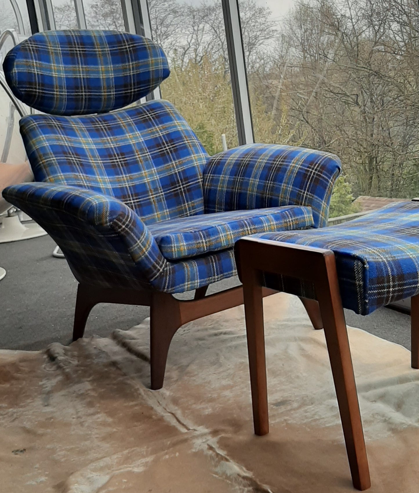REFINISHED REUPHOLSTERED Adrian Pearsall style Teak Lounge Chair and ottoman in Maharam plaid wool PERFECT - Mid Century Modern Toronto