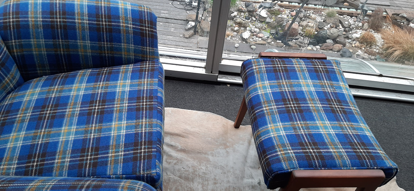 REFINISHED REUPHOLSTERED Adrian Pearsall style Teak Lounge Chair and ottoman in Maharam plaid wool PERFECT - Mid Century Modern Toronto