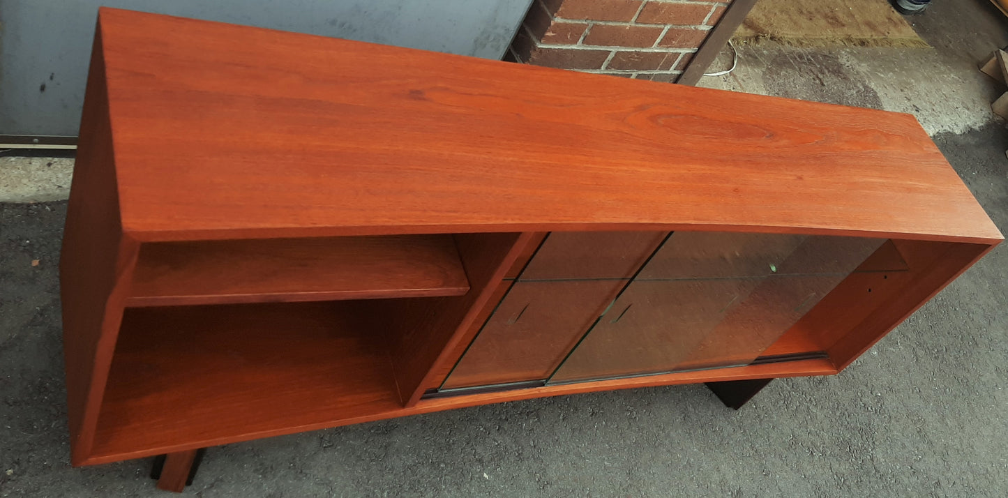 REFINISHED MCM Teak Console 60" w glass doors, Perfect