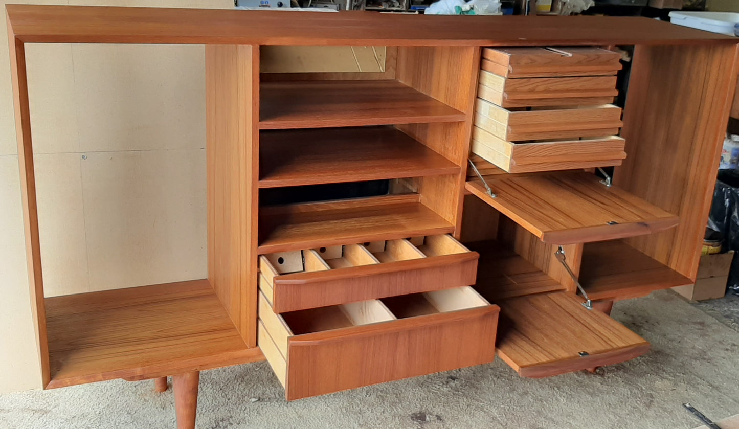 REFINISHED MCM Teak Media Console or High Sideboard Display 79", PERFECT
