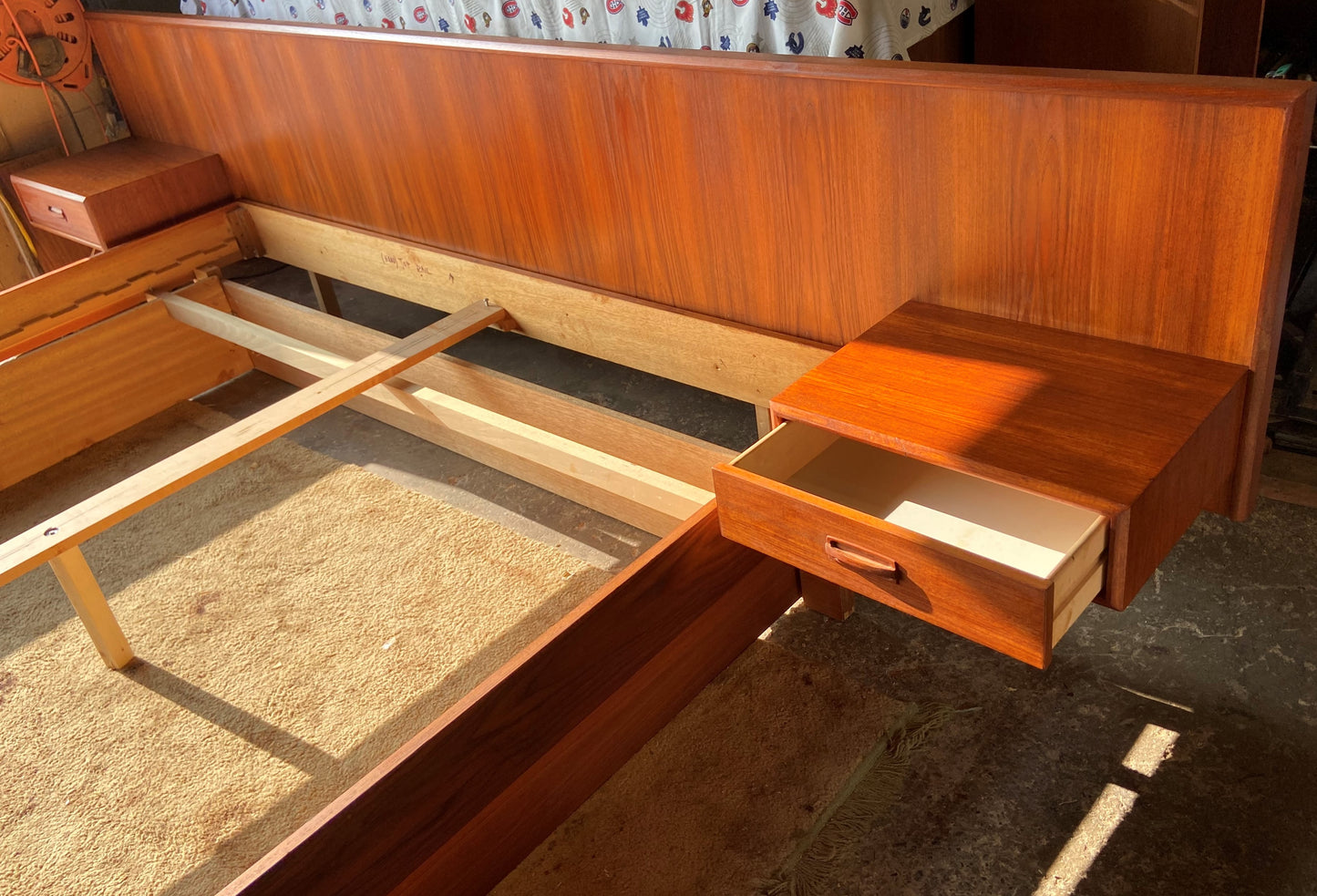 REFINISHED MCM Teak King bed with floating night stands